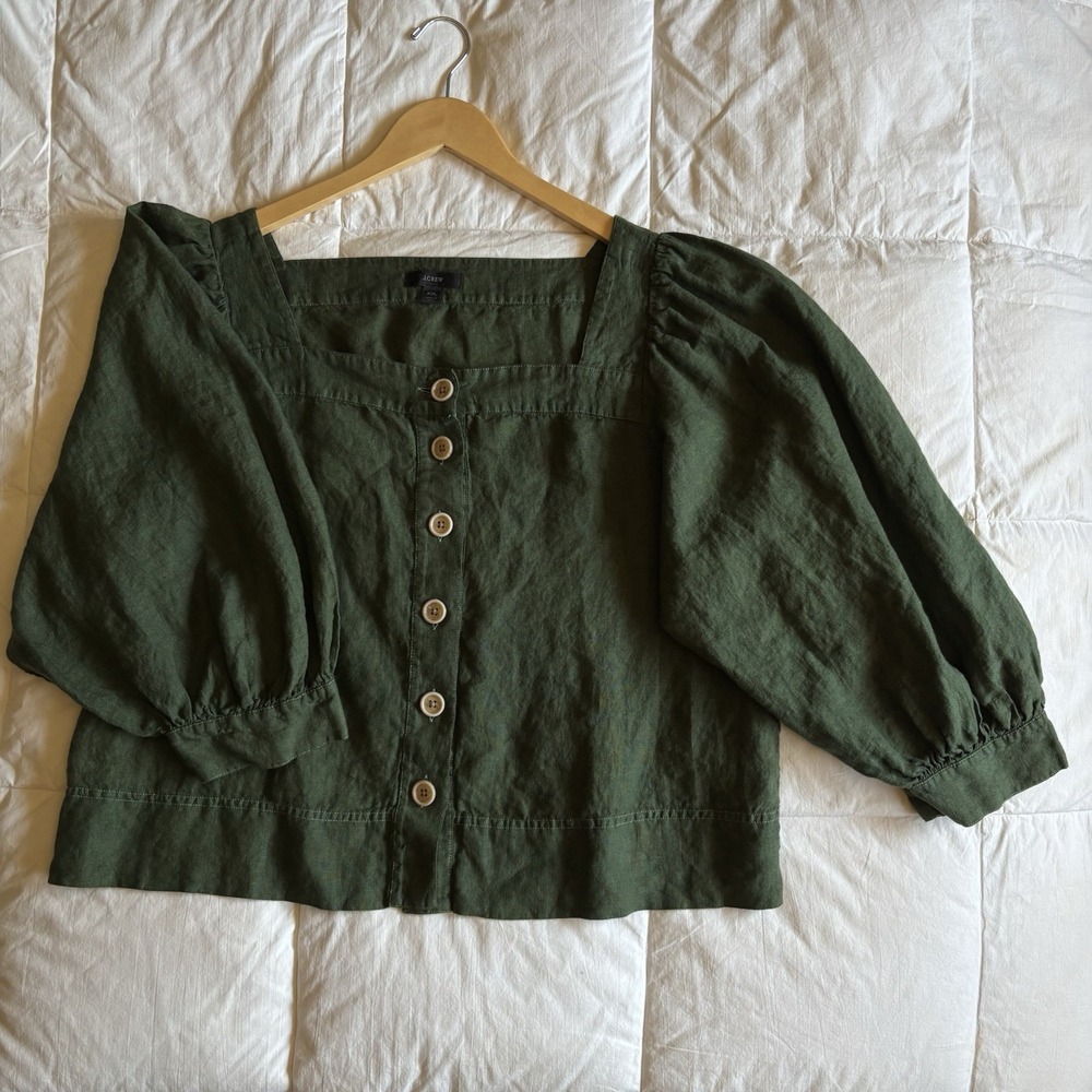 J Crew Square Neck Button Front Balloon Sleeve Linen Top Womens XXL Dark Green